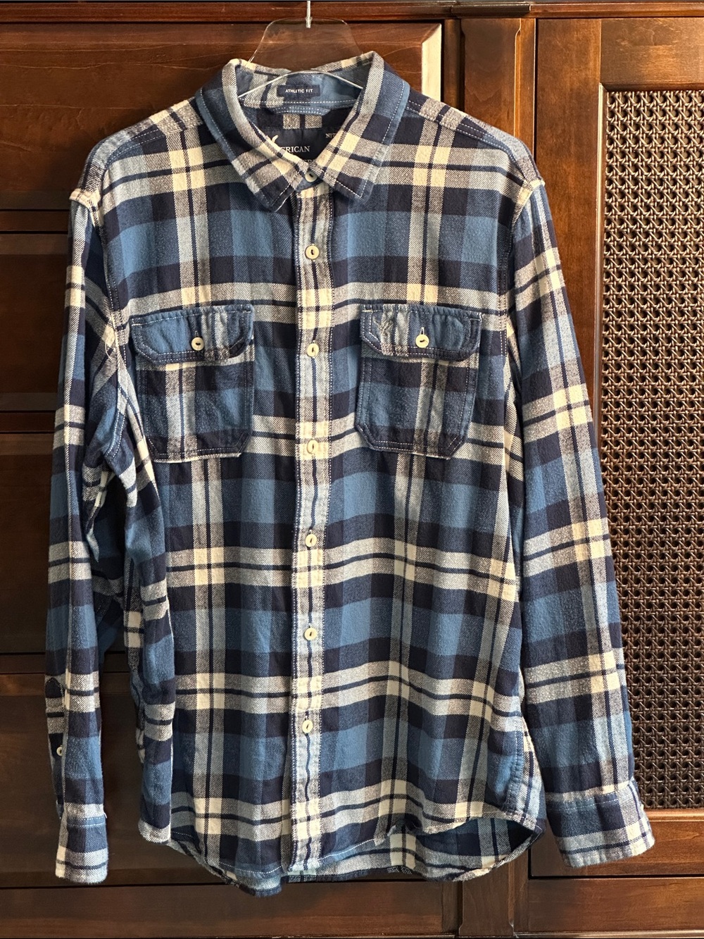 AMERICAN EAGLE OUTFITTERS Plaid Flannel Shirt 100% Cotton Blue & Cream XL EC